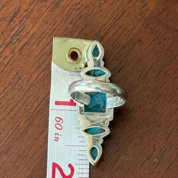 Unique Blue Copper Turquoise Multi Stone Ring Southwestern Silver Adjustable - Picture 5 of 5